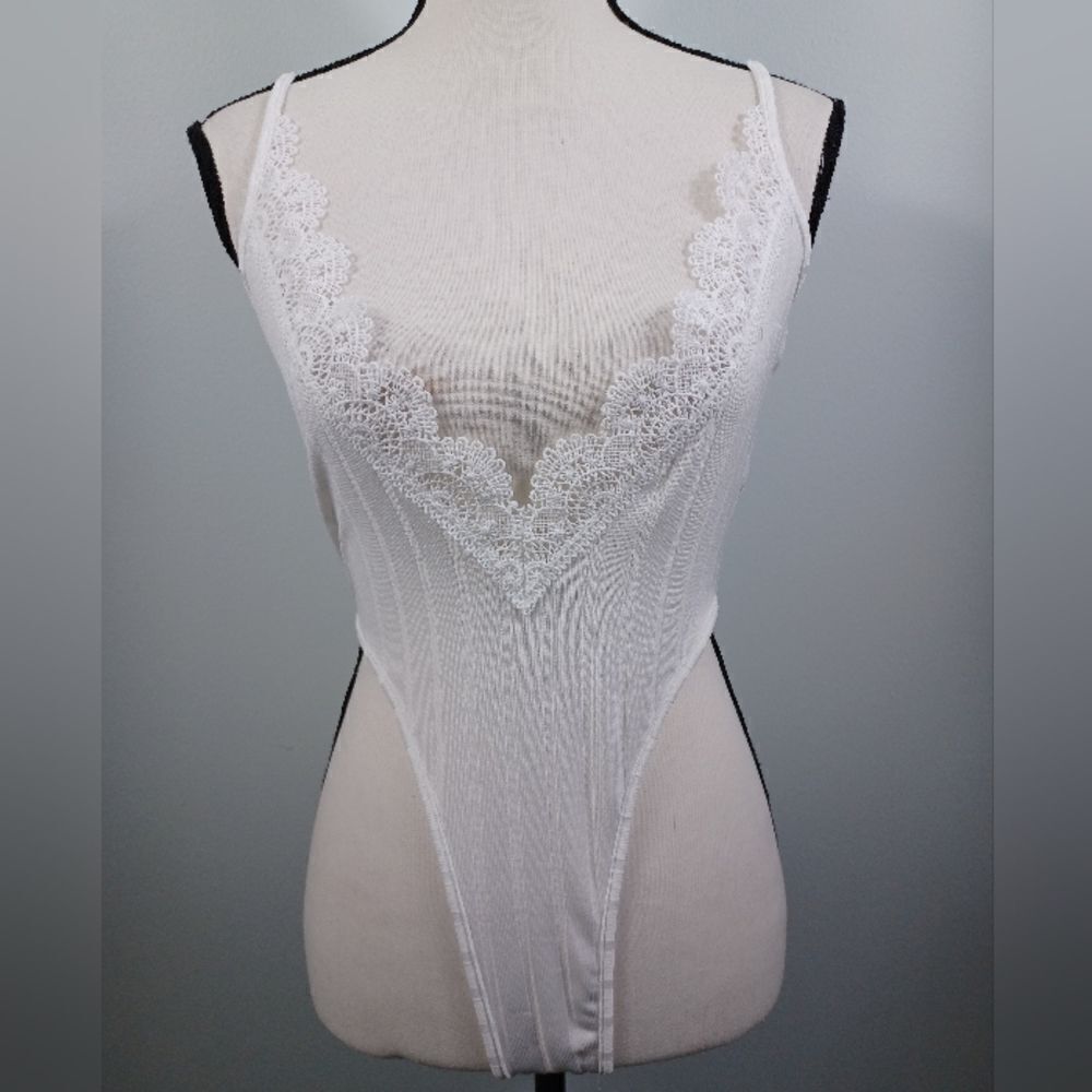 Intimates Bodysuit Lingerie Ribbed w/Deep Lace V-neck